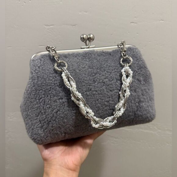 Gray Real Shearling Leather Handmade Kisslock Clutch Shoulder Bag, Crossbody - Picture 11 of 14